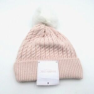 Shabby Chic‎ Hat Beanie Womens Pink Cable Knit Pom Pom Winter Soft Fuzzy
